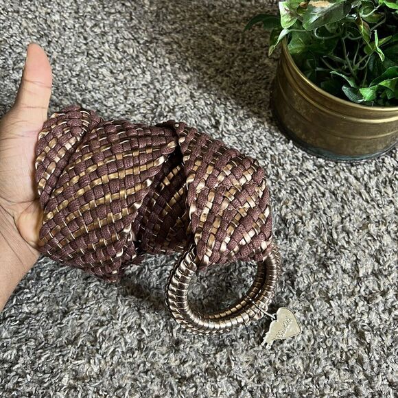 Mudd Brown Bronze Metallic Wide Waist Belt Woven Braided M/L Boho READ New - Picture 2 of 6